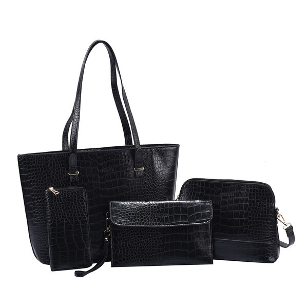 Passage - 4er-Set, Handtasche, Crossbody Tasche, Clutch und Brieftasche mit Kroko-Pr&auml;gung, Schwarz