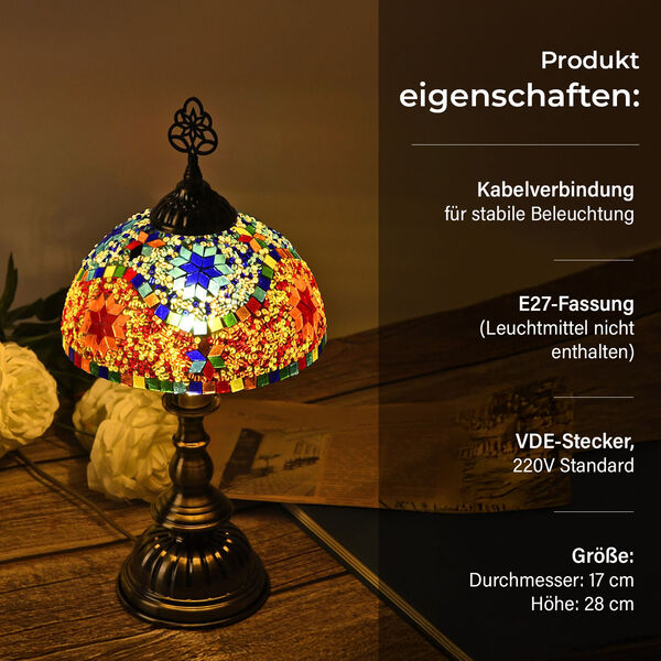 T&uuml;rkische Mosaik-Tischlampe &ndash; Marokkanischer Stil, 17&times;28 cm, Handgefertigt, Mehrfarbig image number 3