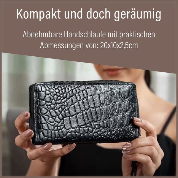 RFID-geschützte Brieftasche aus 100% echtem Leder mit Kroko-Prägung und abnehmbarem Trageschlaufe, schwarz image number 5