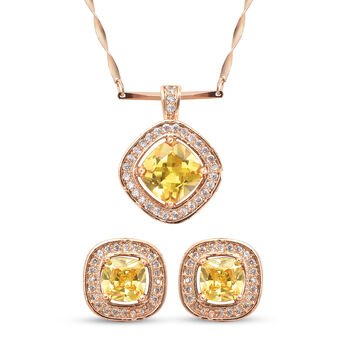 2er-Set Gelber Zirkonia Ohrringe und Anh&auml;nger mit Kette 41+5 cm Edelstahl ca. 1,20 ct