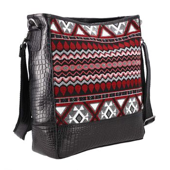 Crossbody Bag mit Krokopr&auml;gung aus echtem Leder und Jacquard mit Laptop-H&uuml;llen, schwarz