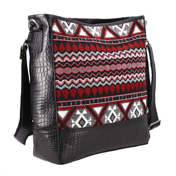Crossbody Bag mit Krokopr&auml;gung aus echtem Leder und Jacquard mit Laptop-H&uuml;llen, schwarz image number 3