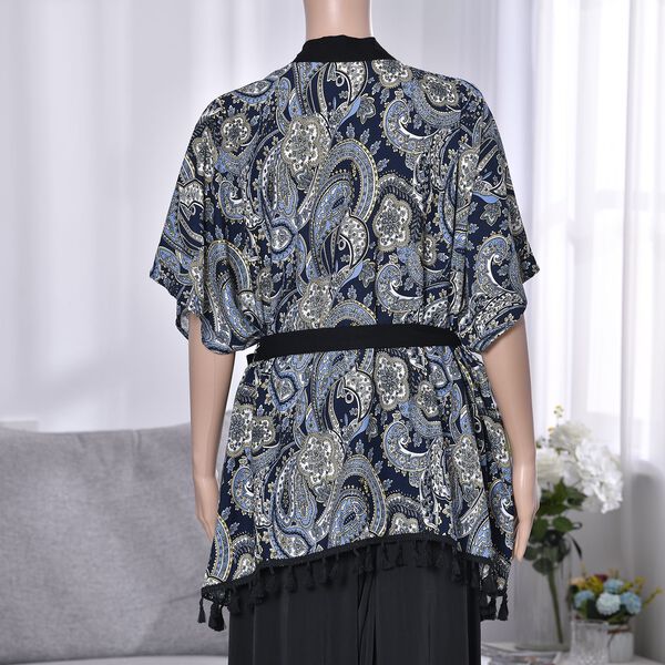 Kurz&auml;rmeliger Kimono mit Blumendruck, schwarzem G&uuml;rtel, mehrfarbig image number 2