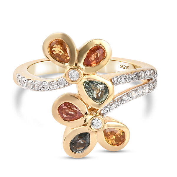 Mehrfarbiger Saphir und floraler Zirkon-Bypass-Ring, 925 Silber vergoldet, 1,56 ct.