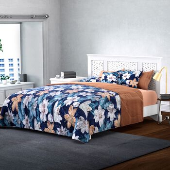 Serenity Night - 4-teiliges 100% Maulbeerseide Steppdecken-Set, Blau floral