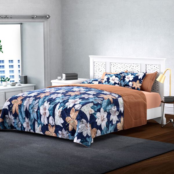 Serenity Night - 4-teiliges 100% Maulbeerseide Steppdecken-Set, Blau floral