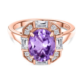 Zeitlose Art Kollektion - AA Rose De France Amethyst, Weißer Zirkon Ring 925 Silber 750 rosévergoldet (Größe 21.00) ca. 3.26 ct