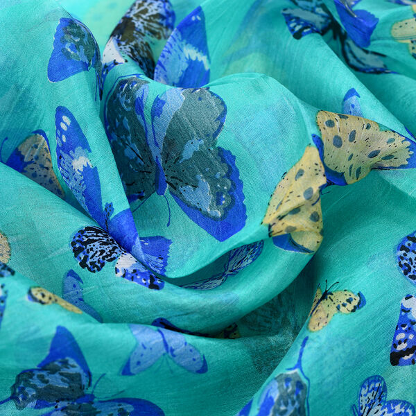 Bedruckter 100% Satin-Seidenschal, 48x160cm, Meeresblau image number 6