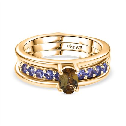 D Joy Nat&uuml;rlicher goldener Tansanit, Tansanit Schmuckset 925 Silber 750 Gelbgold Vermeil (Gr&ouml;&szlig;e 17) ca. 1.07 ct