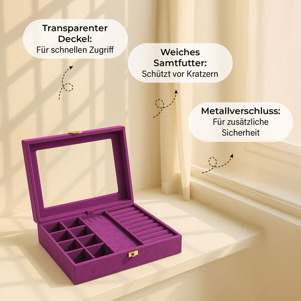 Samt Schmuckbox mit 5 Silberputztüchern, 20x15x5cm, Fuchsia image number 3