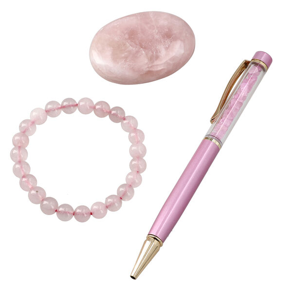 3er Exklusives Geschenkset – Rosenquarz: Handschmeichler, Armband und Kugelschreiber mit Kristallkugel image number 5