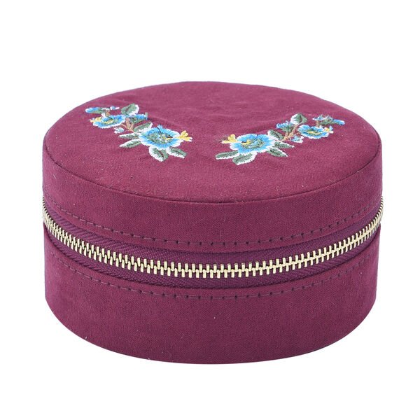 Runder Schmuckkasten mit besticktem Muster und Reißverschluss, Größe 11,3x11,3x5,6 cm, Burgunderrot image number 2