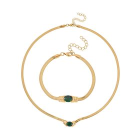 2-teiliges Schmuckset, Halskette und Armband mit Grüner Kristallen, Edelstahl goldfarben