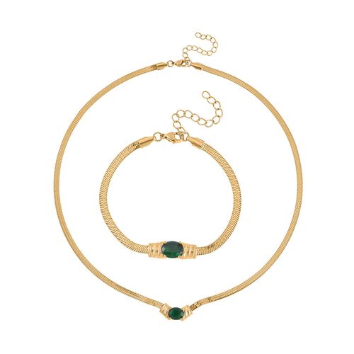2-teiliges Schmuckset, Halskette und Armband mit Grüner Kristallen, Edelstahl goldfarben image number 0