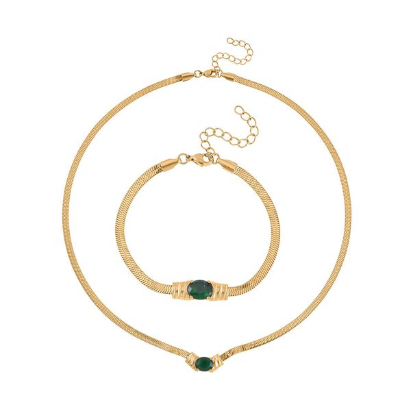 2-teiliges Schmuckset, Halskette und Armband mit Grüner Kristallen, Edelstahl goldfarben image number 0