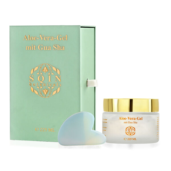 "ALOE VERA gel with Gemstone Rose quartz - 225 ml Gua Sha Size  Color - Green Box Size- 17 - x 11  x 7 cm Gua sha Dimension - 7 x 4.5 cm", " Opalite Gemstone Gua sha  Size - 7 x 4.5 cm Color- White" image number 0