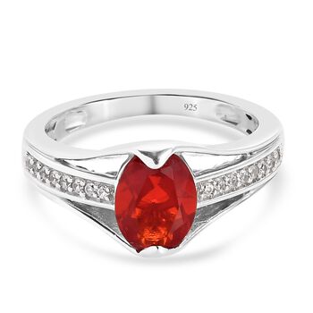 Mexikanischer Kirschfeuer-Opal und Zirkon Solit&auml;r Ring 925 Silber platiniert (Gr&ouml;&szlig;e 16.00) ca. 0,84 ct