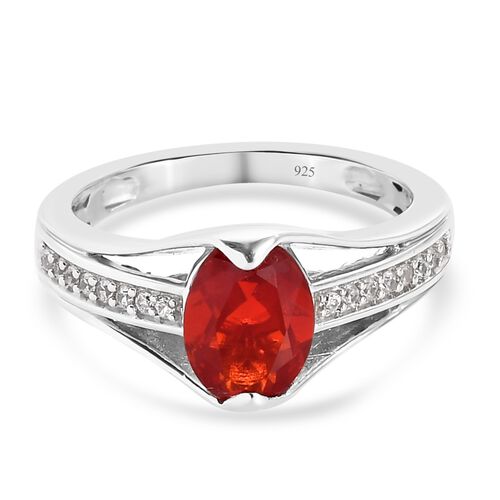 Mexikanischer Kirschfeuer-Opal und Zirkon Solitär Ring 925 Silber Platin-Überzug image number 0