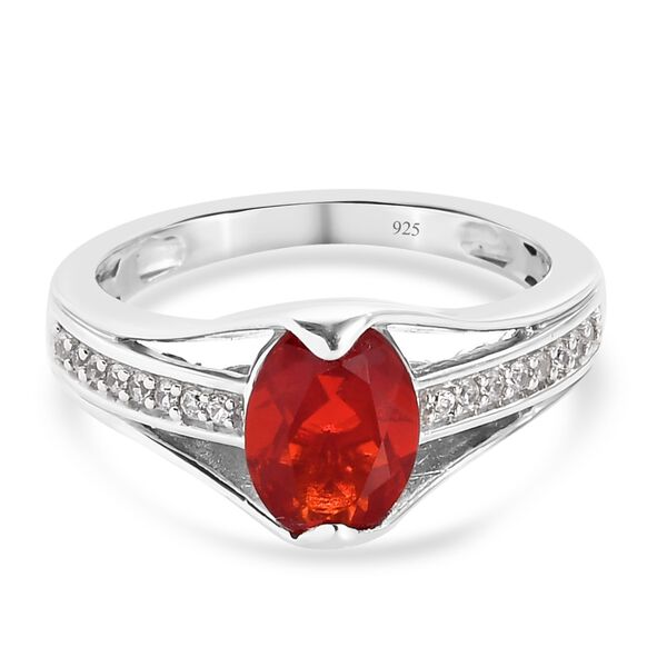 Mexikanischer Kirschfeuer-Opal und Zirkon Solitär Ring 925 Silber Platin-Überzug image number 0