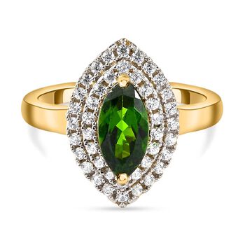 Nat&uuml;rlicher Chromdiopsid und wei&szlig;er Zirkon-Ring, 925 Silber Gelbgold Vermeil (Gr&ouml;&szlig;e 20.00) ca. 1,57 ct