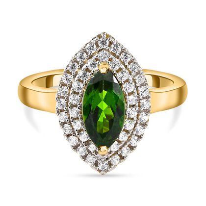 Nat&uuml;rlicher Chromdiopsid und wei&szlig;er Zirkon-Ring, 925 Silber Gelbgold Vermeil (Gr&ouml;&szlig;e 20.00) ca. 1,57 ct