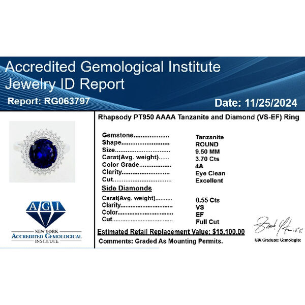 RHAPSODY zertifiziert und gepr&uuml;ft AAAA Tansanit und VS-EF Diamant Halo Ring in 950 Platin - 4,25 ct. image number 8