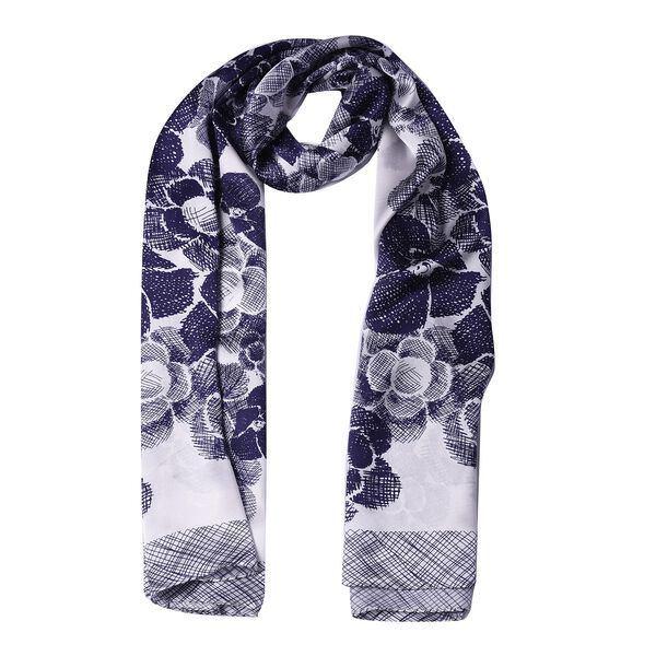 LA MAREY - 100 % natürlicher, bedruckter Maulbeerseiden-Schal in Geschenkbox, 55x170 cm, Dunkelblau und Weiß  image number 3