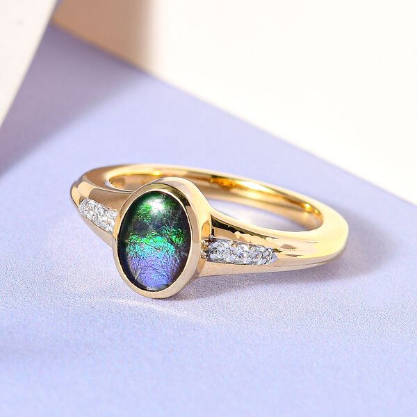 Kanadischer Ammolit, weißer Zirkon Ring, 925 Silber Gelbgold Vermeil, (Größe 19.00) ca. 1.24 ct image number 2