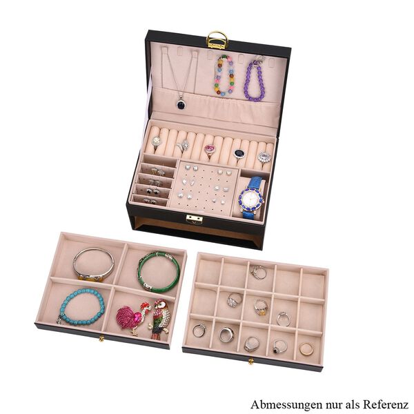 3-lagige Schmuckbox aus PU mit Diamantmuster und 5 Silberpoliertücher, schwarz image number 6