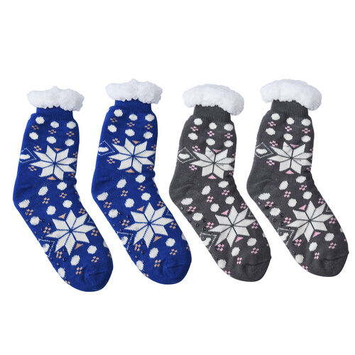 2er-Set - Rutschfeste Haussocken mit Sherpafutter, Schneeflockenmuster, Einheitsgröße, Schwarz und Blau  image number 0
