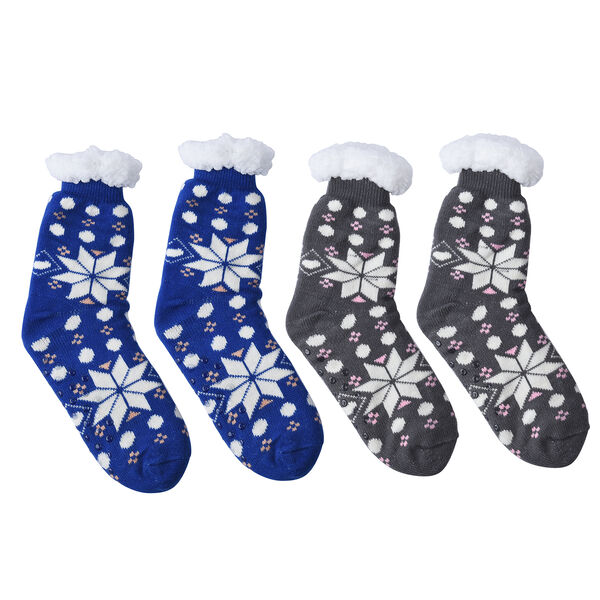 2er-Set - Rutschfeste Haussocken mit Sherpafutter, Schneeflockenmuster, Einheitsgröße, Schwarz und Blau  image number 0