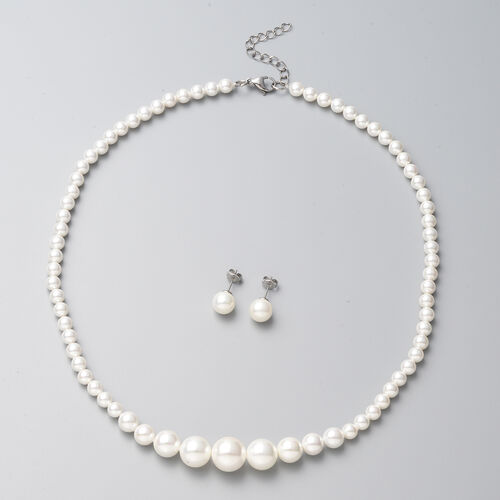 2er- Set weiße Muschelkernperlen-Ohrringe und Halskette, ca. 50 cm in Edelstahl image number 0