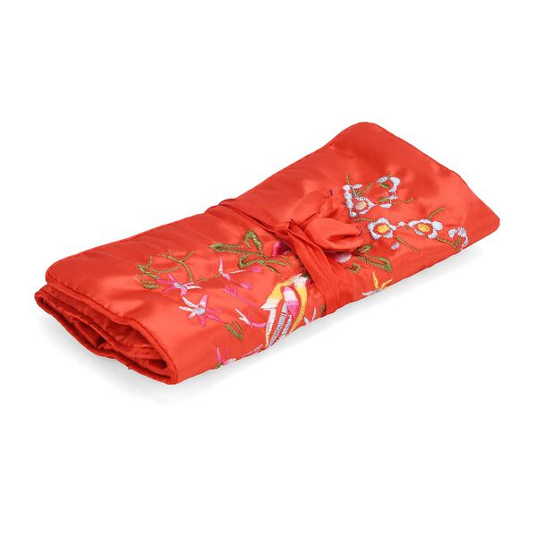 Reise-Schmuckrolle mit Stickmuster 1 Organizer + 5 Silberputzt&uuml;cher Satin, Rot image number 7