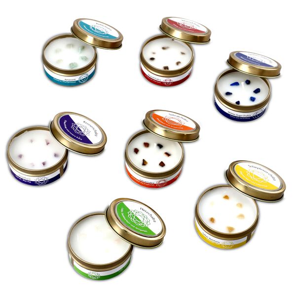 7er Set Chakra Duftkerzen mit Edelsteinen – Aromatherapie für Körper und Geis, 10h Brenndauer image number 3