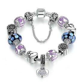 Designer-inspiriertes Charm-Armband mit mehrfarbiger Emaille und facettierten Glassteinen, Messing rhodiniert, 19 cm, Dreifarbig