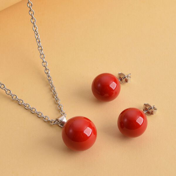 Rote Muschelkernperlen-Anh&auml;nger und Ohrringe, 925 Silber rhodiniert und Edelstahl image number 2