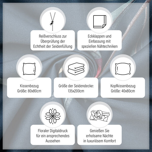 SERENITY NIGHT: 3er-Set - Seidensteppdecke und 2 Kissenbezüge, Olivenbaummuster, Dunkelblau und Rosé-beige image number 2
