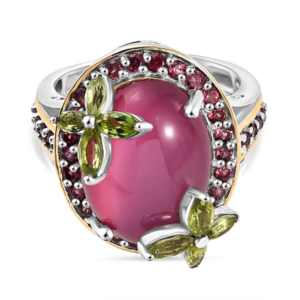 D'Joy Maulbeer Mondstein, Peridot Ring 925 Silber Rhodiniert und 750 Gelbgold Vermeil (Gr&ouml;&szlig;e 20.00) ca. 12,21 ct