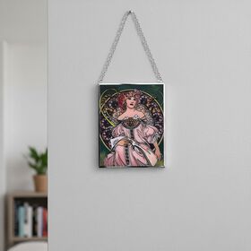 Handbemalter Sonnenfänger aus Glas mit Kette und silberfarbenem Rahmen, Mucha-Motiv, 12x15 cm