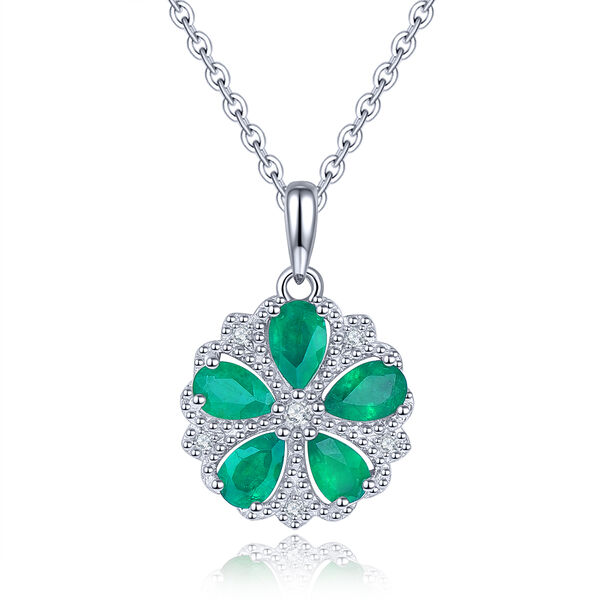 AAA Kagem sambischer Smaragd und Zirkon floraler Cluster-Anh&auml;nger mit Kette - 1,01 ct.