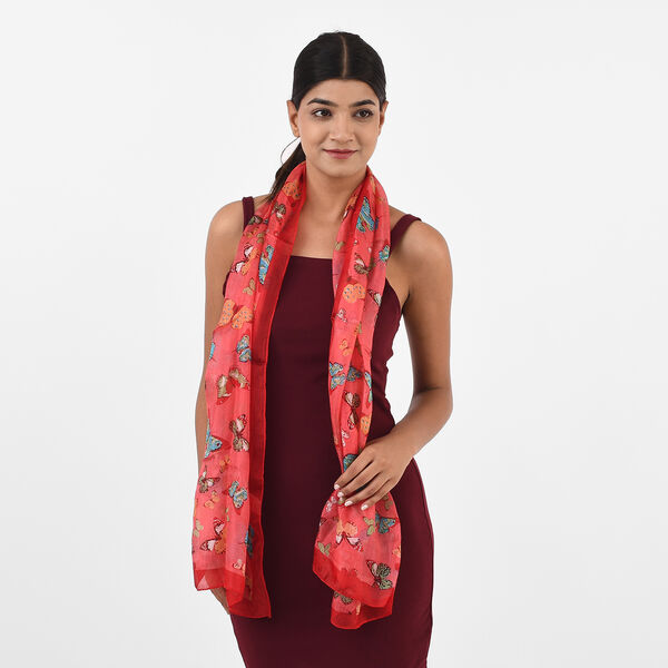 Bedruckter 100% Satin-Seidenschal, 48x160cm, rot image number 3