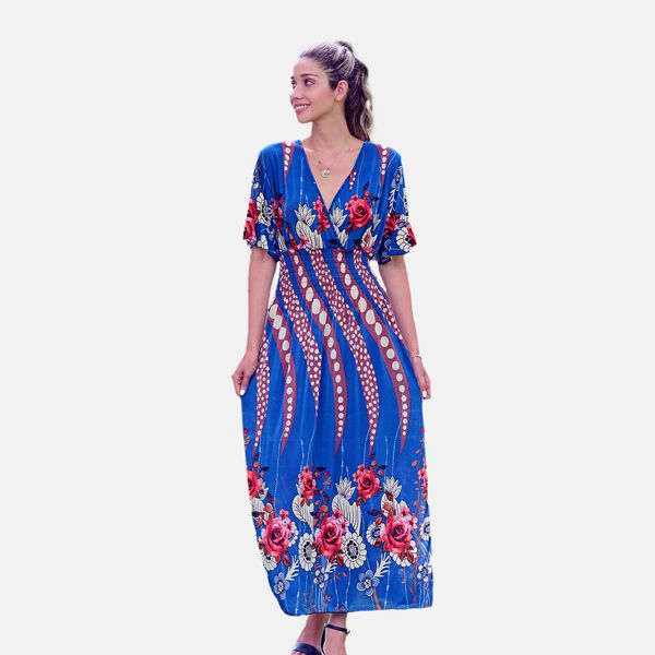 Gesmoktes Maxi-Kleid, Blumenmuster, Blau image number 3