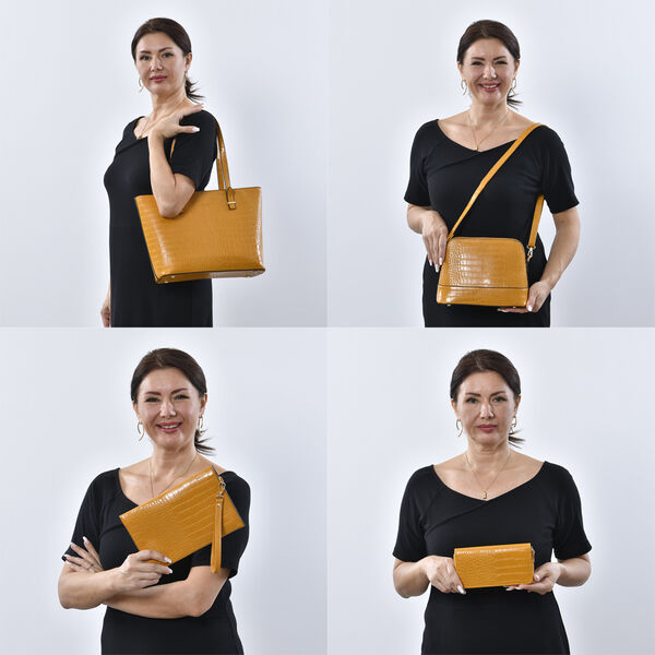 Passage - 4er-Set, Handtasche, Crossbody Tasche, Clutch und Brieftasche mit Kroko-Pr&auml;gung, Blumenmuster, Senfgelb image number 2