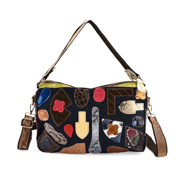 Chaos by Elsie- Echtleder-Schultertasche, RFID-Schutz, k&uuml;nstlerisches Leder Patchwork, 2 Trageoptionen, 35x12x22cm, Schwarz