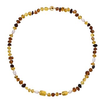D'Joy Wei&szlig;e S&uuml;&szlig;wasser Perle (6-8 mm), Mehrfarbiger Bernstein Halskette ca. 50 cm 925 Silber vergoldet