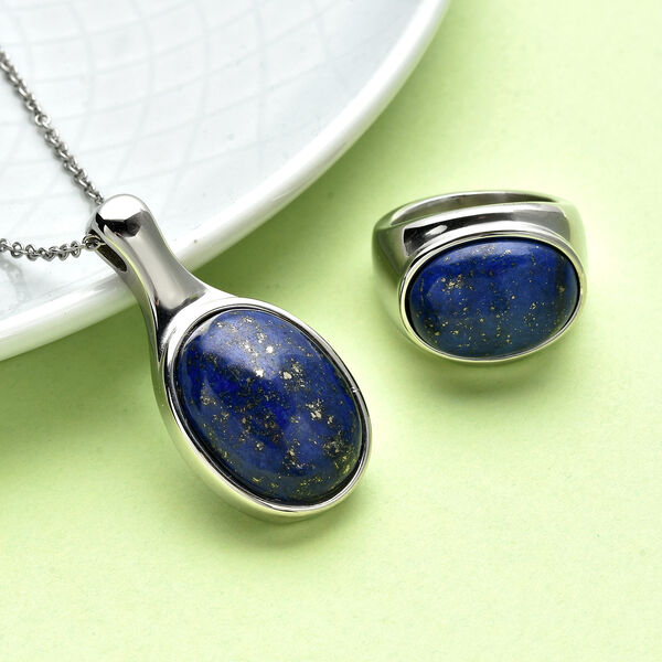Satz von 2 Lapislazuli Silber Ton Solit&auml;r Ring und Anh&auml;nger mit Kette 27,00 Ct image number 2