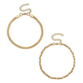 2er-Set Armb&auml;nder, Edelstahl, Bambus-Design und Schlangenarmband-Optik, Goldfarben, ca. 19 cm