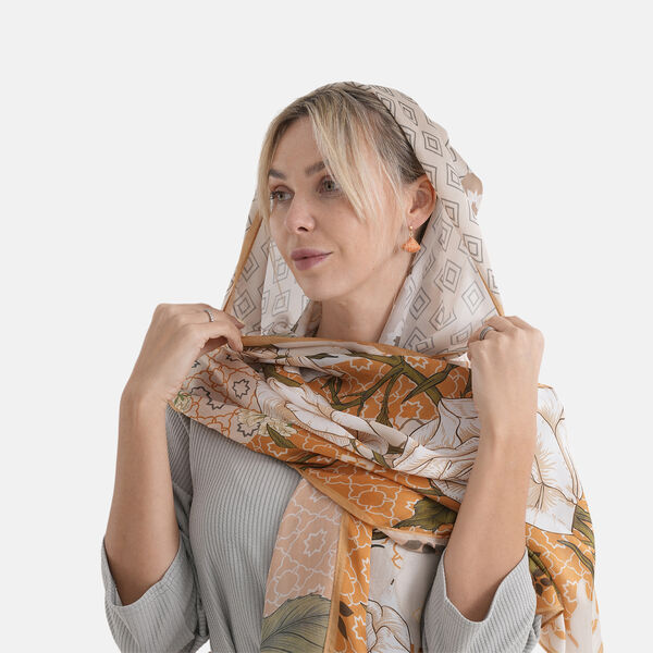 LA MAREY Signature Set mit Seidenschal und Seidentropfen-Ohrringen, 100% Maulbeerseide, 65 x 170 cm, Orange mit Wei&szlig; image number 4