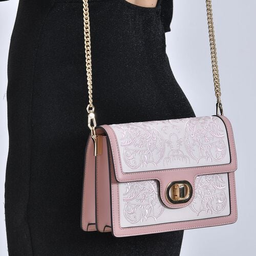 GRAND PELLE - Umhängetasche aus echtem Leder mit Stickerei, Klappdesign, Kettenriemen, 23x8x16?cm, Rosa image number 1