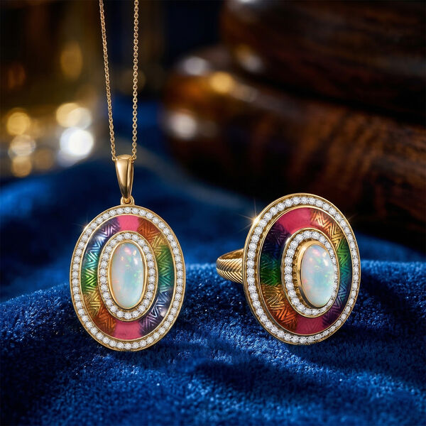 D'Joy AA nat&uuml;rlicher, &auml;thiopischer Welo Opal und Zirkon Ring und Anh&auml;nger mit 50cm Kette image number 1